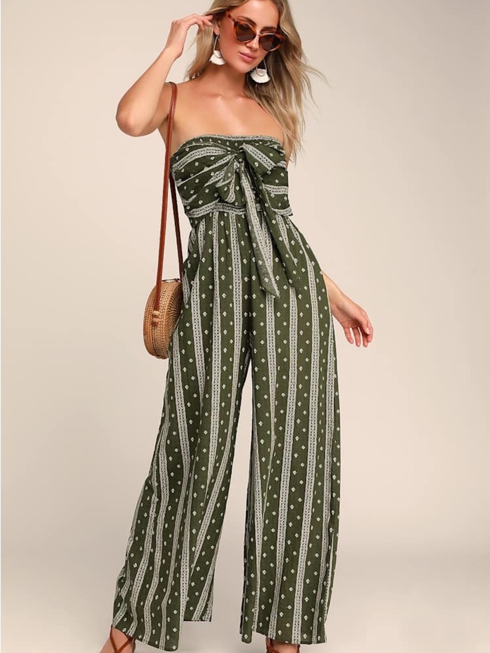 NWT Lulus ‘Raine’ Lightweight Olive Green Print Strapless Jumpsuit Size Small